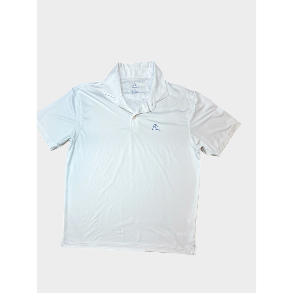Rhoback Mens Performance Polo Shirt White Blue Dog Logo Short Sleeve Size Large